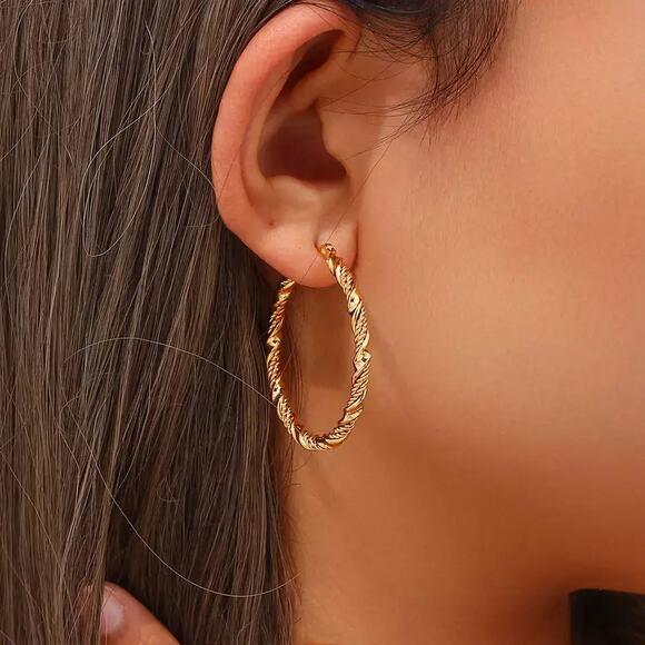 Large Twisted 18K Gold-Plated Hoop Earrings - Picture 4 of 11